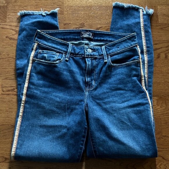 Abercrombie Harper Low Rise Ankle Jeans Denim 26 2R Blue Tan Gold Stripe Raw hem - Picture 7 of 7